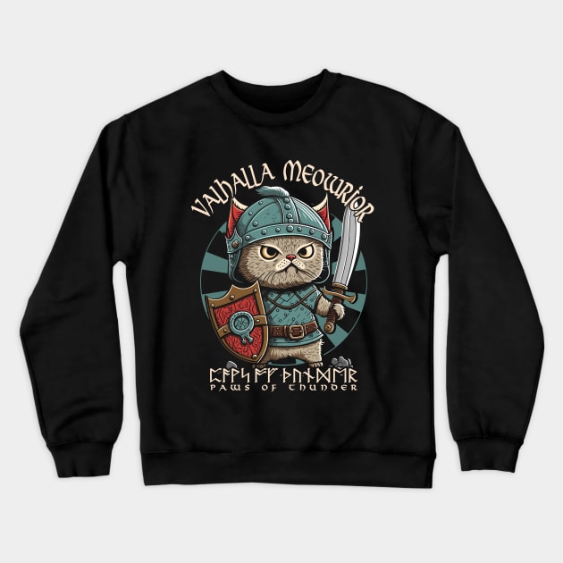 Nordic Norse Valhalla Viking Cat Warrior Crewneck Sweatshirt by Apocatnipse Meow